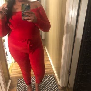 Red velvet off shoulder fashion nova romper